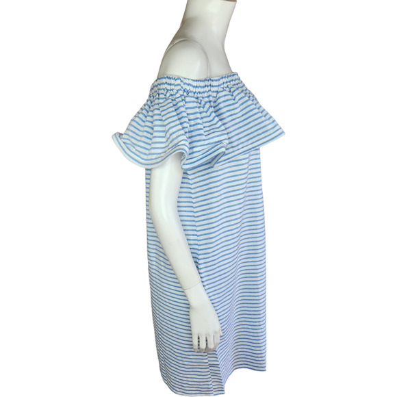 Revolve Line & Dot Dress Womens Large Lea‎ Blue White Stripe Off Shoulder Ruffle - Picture 10 of 15